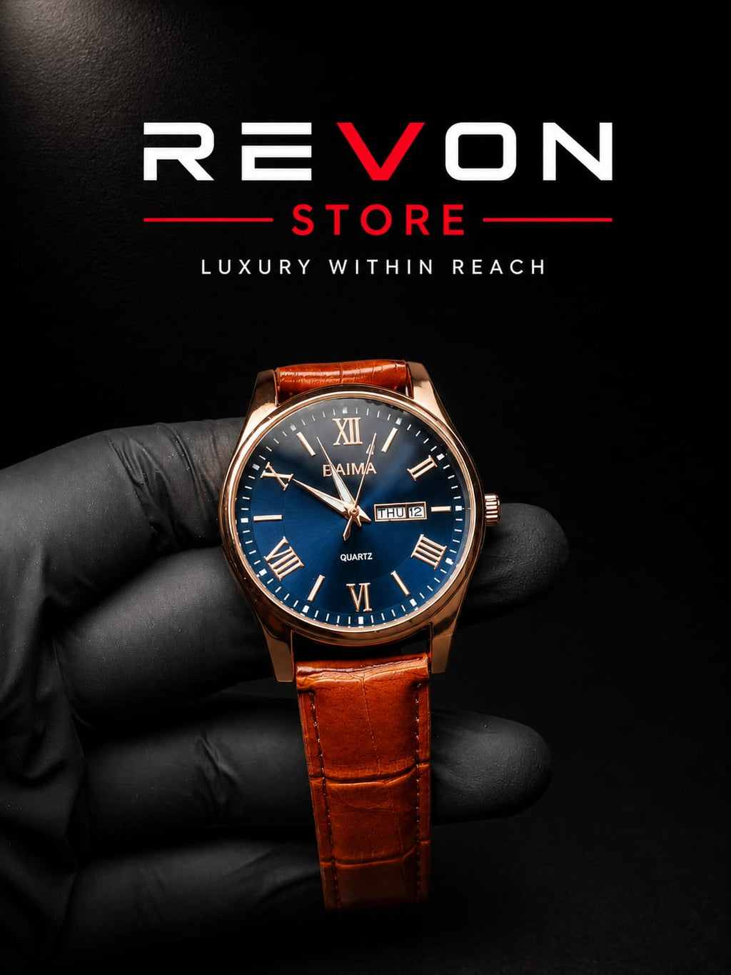 BAIMA Premium Blue Dial Quartz Watch with Leather Strap