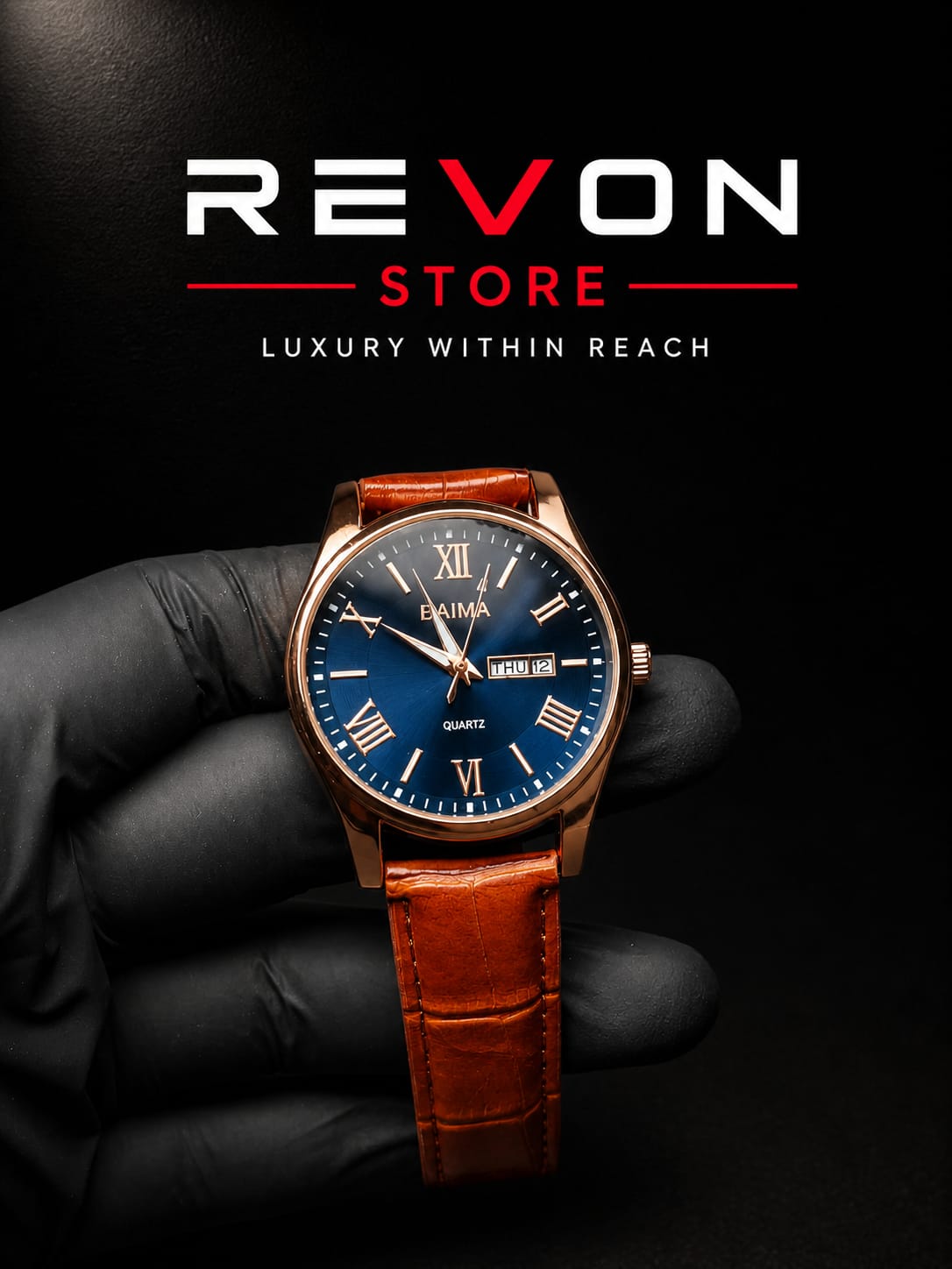 BAIMA Premium Blue Dial Quartz Watch with Leather Strap